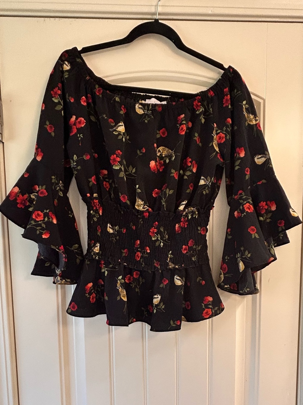 Timing Black Floral Bird Off the Shoulder Smocked Peplum Top M
